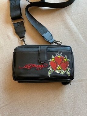Ed Hardy Black Crossbody Wallet with Red Heart Trio Graphic